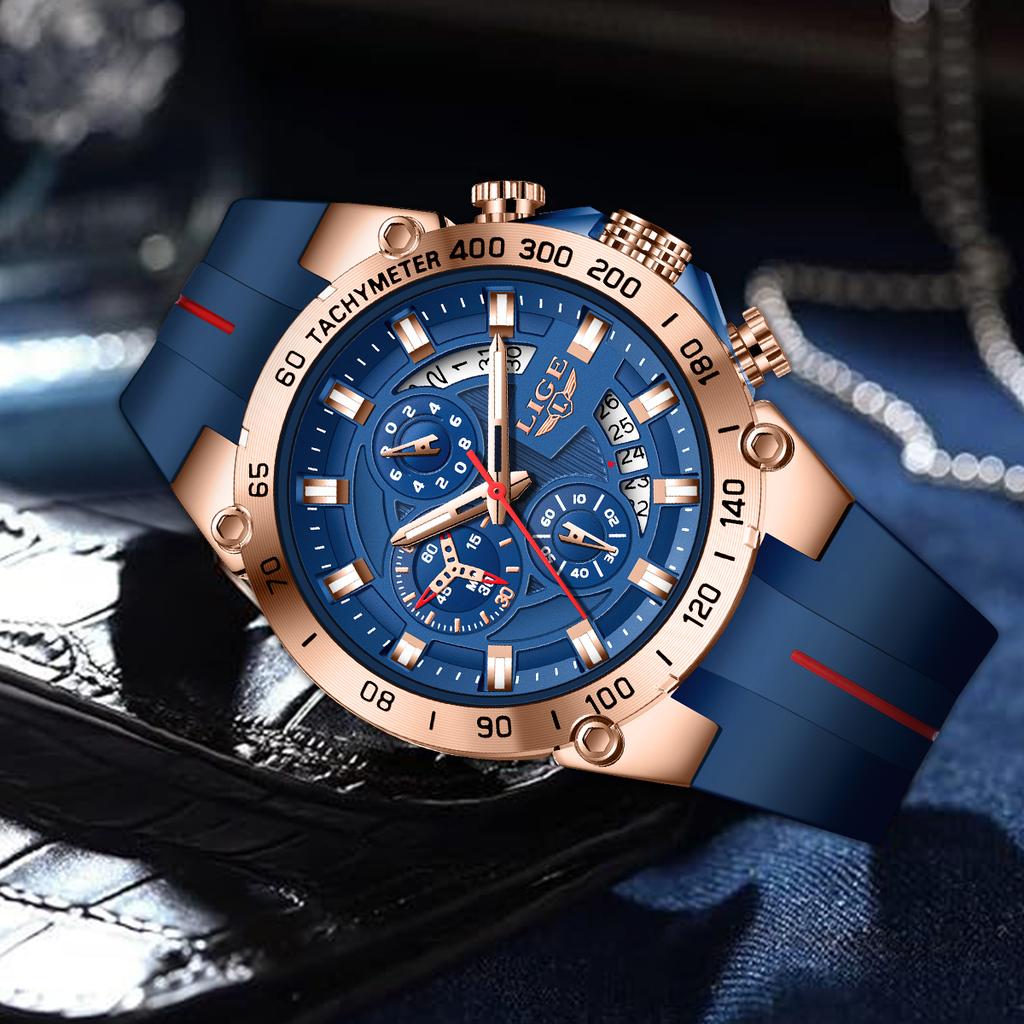 LIGE Luxury Military Men Watch Waterproof Luminous Date Sport Man Wristwatch Chronograph Silicone Strap Quartz Men's Watches+Box