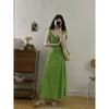 French Gentle Long Dress, Waist and Thin In Spring and Summer, Design Sense, Lotus Leaf Edge, Green Floral V-neck Suspender Dress, Women