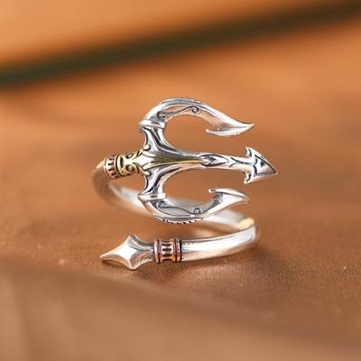 Silver-plated Vintage Poseidon Trident Harpoon Open Ring Adjustable Cool Mens Fashion Jewelry Trendy Personalized