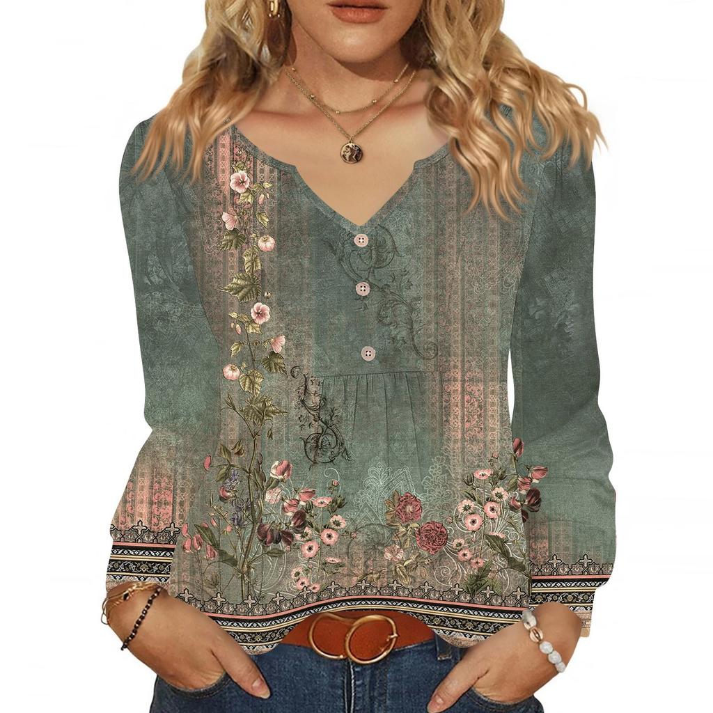 Women's Fashionable Casual V-neck Blouse Button Long-sleeved Pullover T-shirt Top