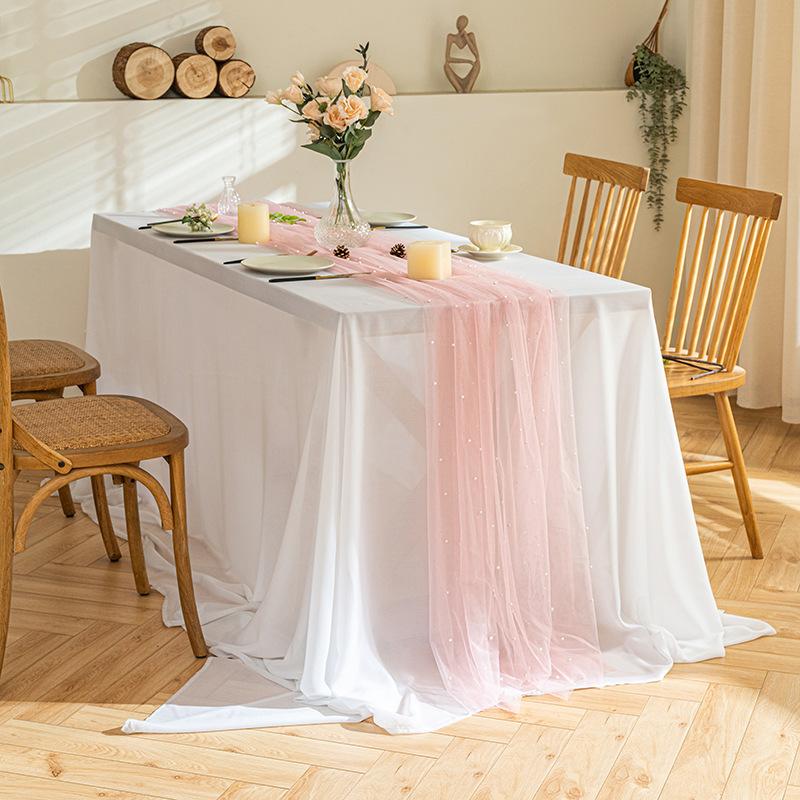 Pink Gauze Table Runner Romantic Pearl Mesh Tablecloth Wedding Dinning Table Cover Decoration Birthday Baby Shower Party Decor