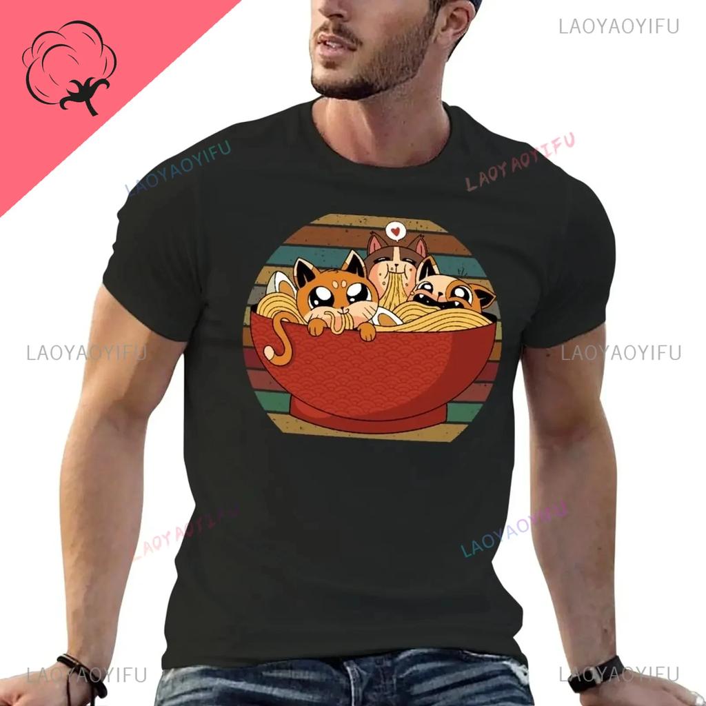 Kawaii Japan RaUnisex Cat Print Tshirt Animated Cat Love Round Cut Cotton Tshirt Harajuku Unisex Unisex Summer Streetwear O-neck Tops Unisex