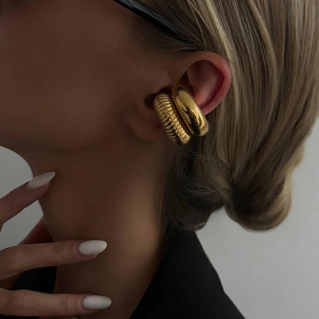Ingemark Punk Vintage Chunky Geometric C Shape Ear Cuff Stainless Steel Metal Texture Thick Non Piercing Ear Clip Women Jewelry