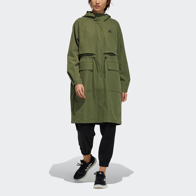 adidas Tech Long Hooded Jacket Fleece Lined Windbreaker Casual Outdoor Outerwear Women Military Green GP0632