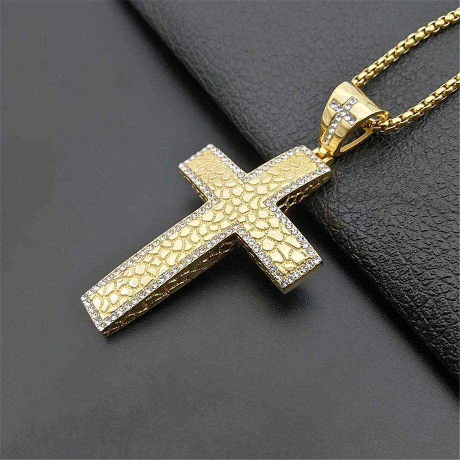 Iced Out CZ Large Big Cross Pendant With Chain Gold Color Stainless Steel Men Necklace Hip Hop Bling Bling Jewelry N1492