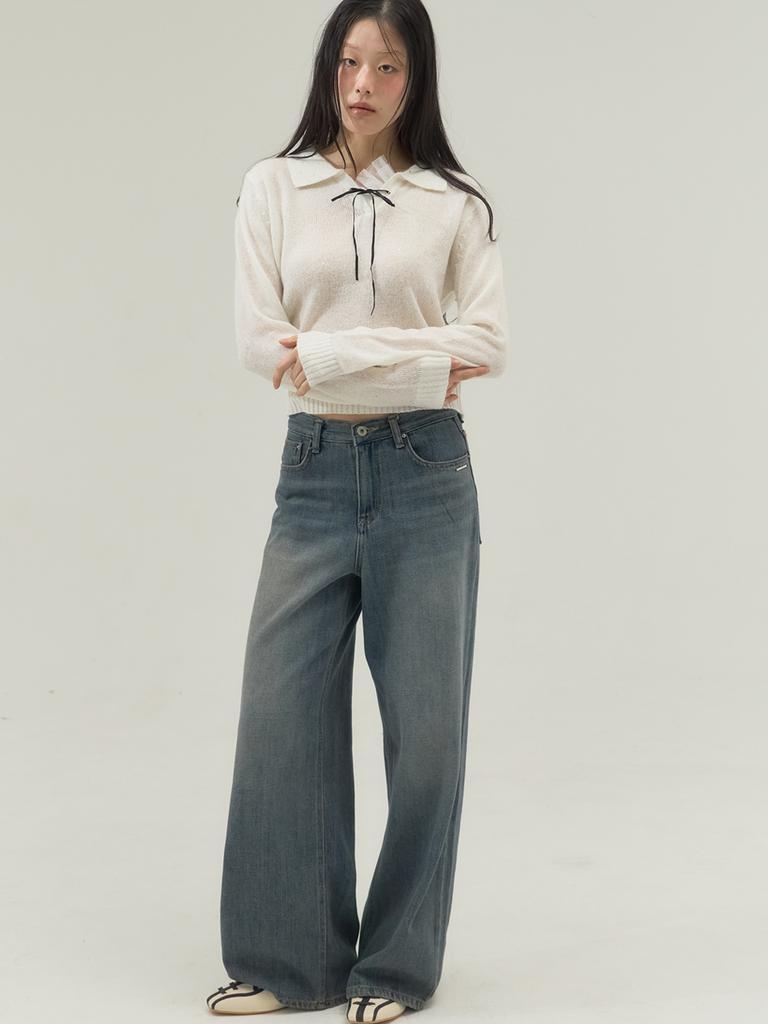 SORRY, TOO MUCH LOVE Ribbon Tie Collar Knit Top_Ivory