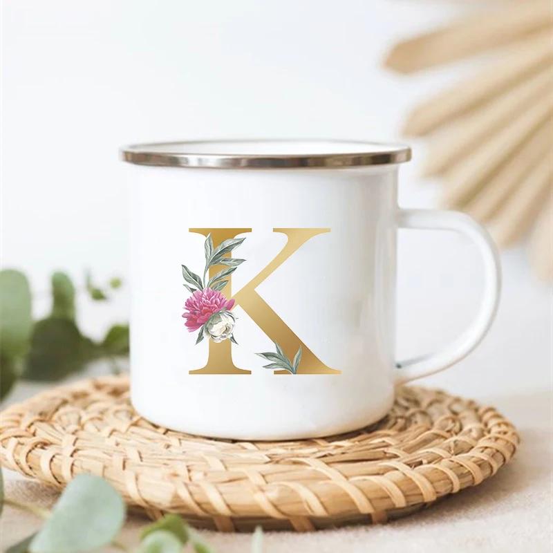 Letter Floral Print Vintage Enamel Mugs Creative Coffee Tea Cup Drink Dessert Milk Cups Handle Drinkware Wedding Bridesmaid Gift