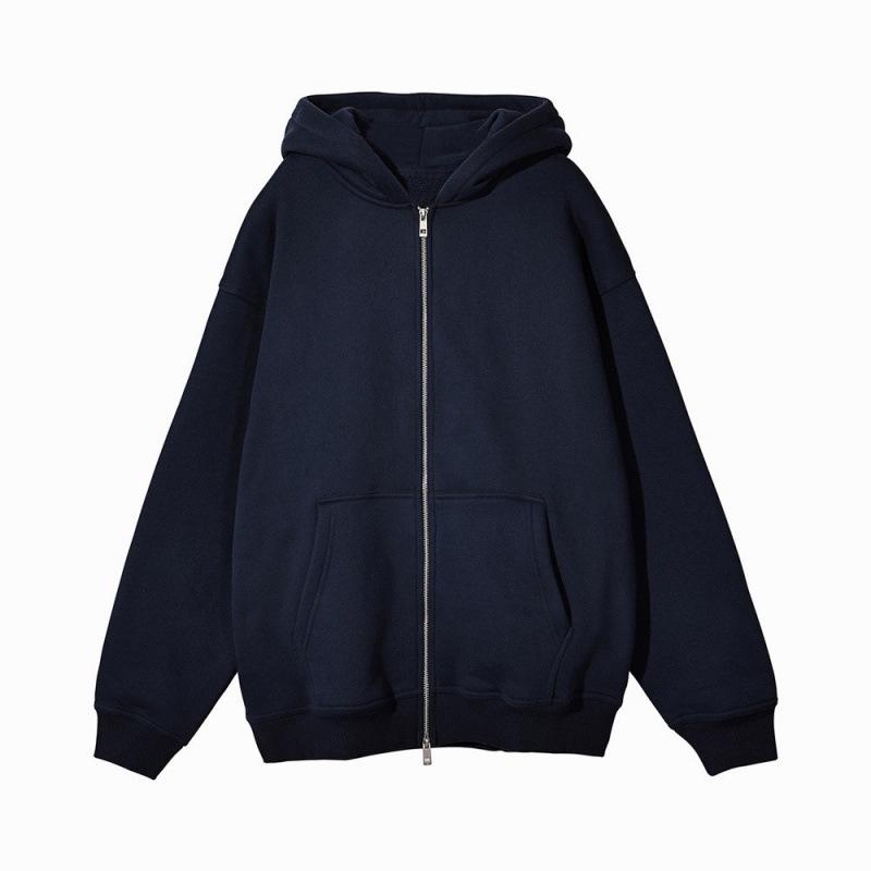 European and American Style Fleece-Lined Loose Fit Hooded Jacket with Zipper and Pockets