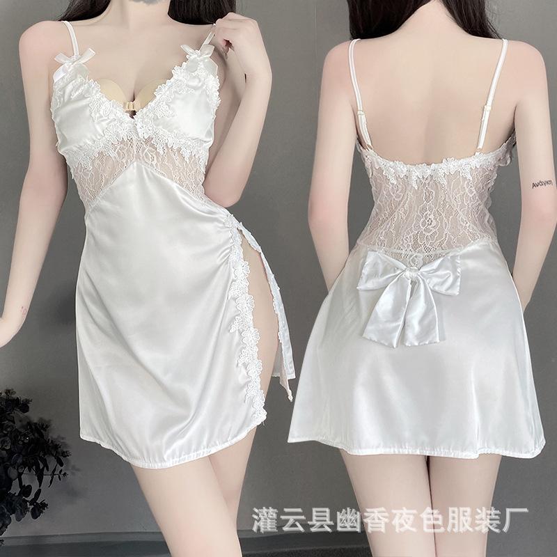 Thin Women's Sexy Lingerie Deep V Temptation Side Split Embroidery Suspender Nightdress Tie