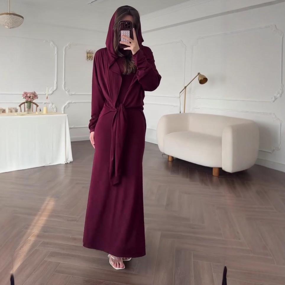 2025 Summer Long Sleeve Tie Waist Hijab Dress with Cape