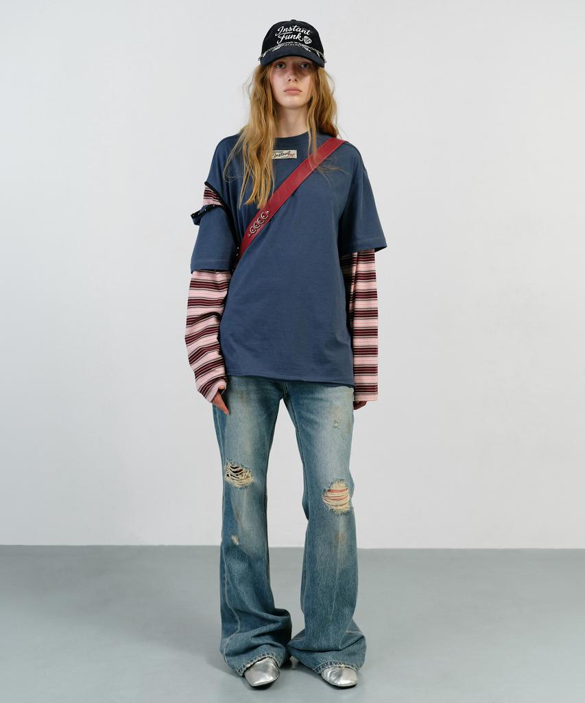 INSTANTFUNK Layered Sleeve Stripe T Shirt - Navy