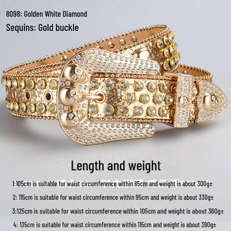 Curea de lux cu cataramă cu strasuri și craniu închis la culoare, cu paiete și diamante