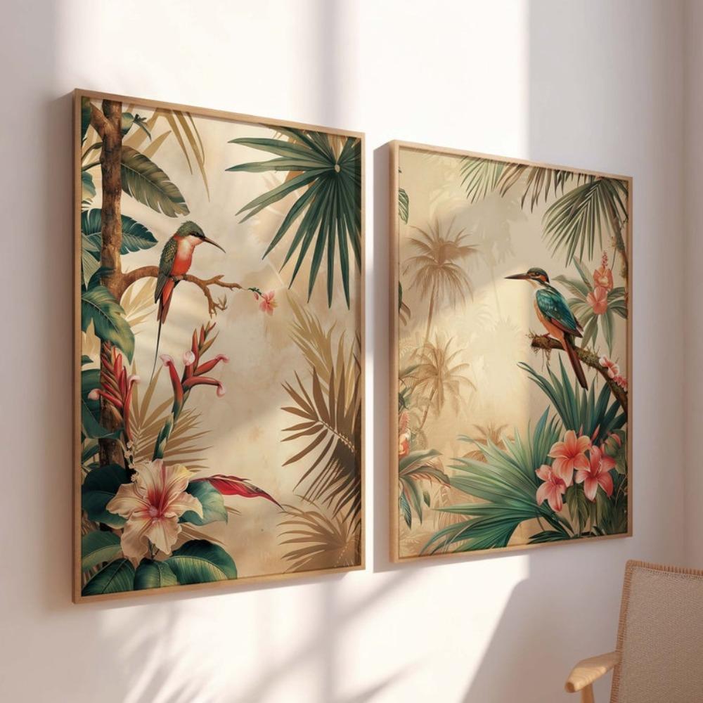2 Frameless Retro Plant Bird Posters,Tropical Flower Plant Prints,Retro Decoration,Exotic Flower Decoration,living Room Decor