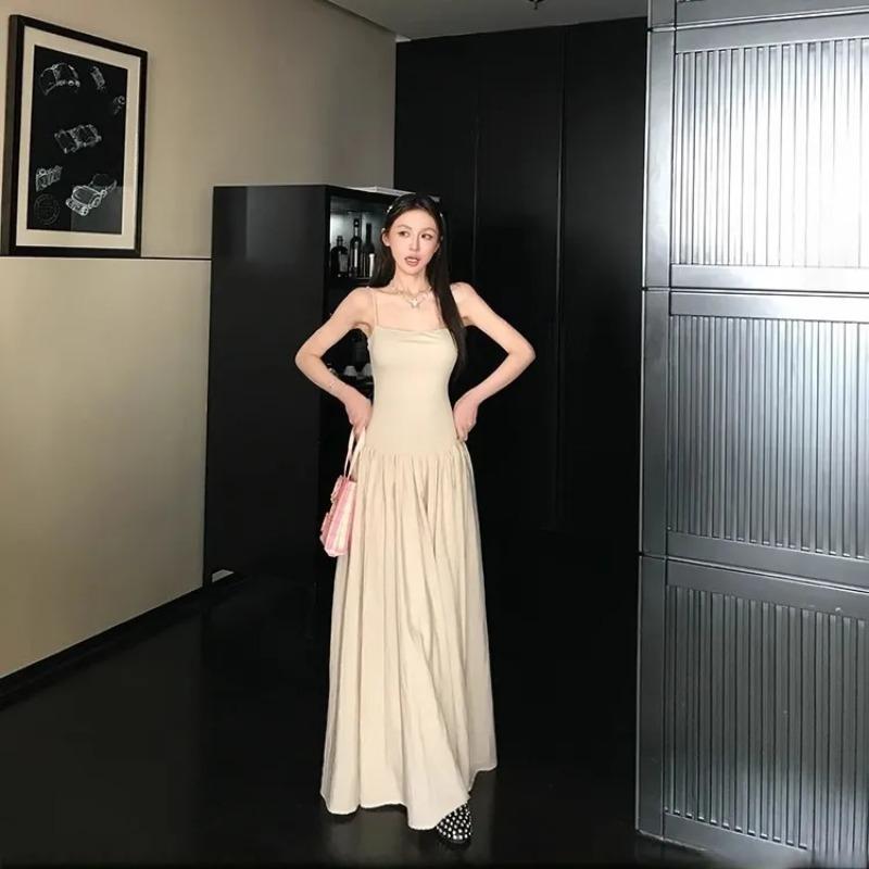 Ärmelloses Maxikleid für Damen Quadratischer Ausschnitt Raffung an der Taille A-Linie Fließendes Langes Kleid