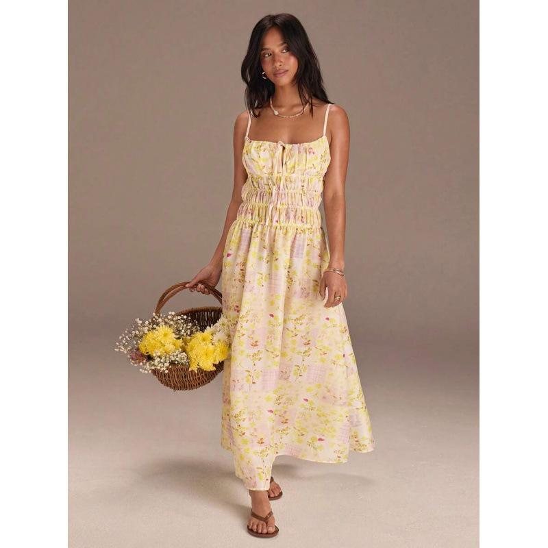 2026 summer new leisure vacation suspender printing hollow backless long suspender dress XS