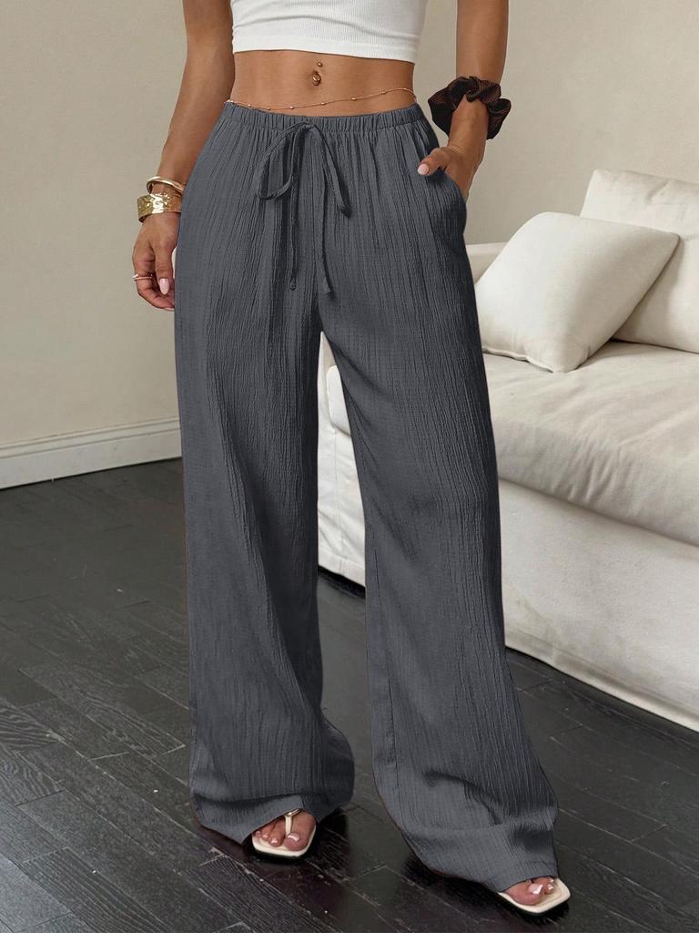 2026 Women's Casual Wide-Leg Pants with Knot Waist and Textured Fabric