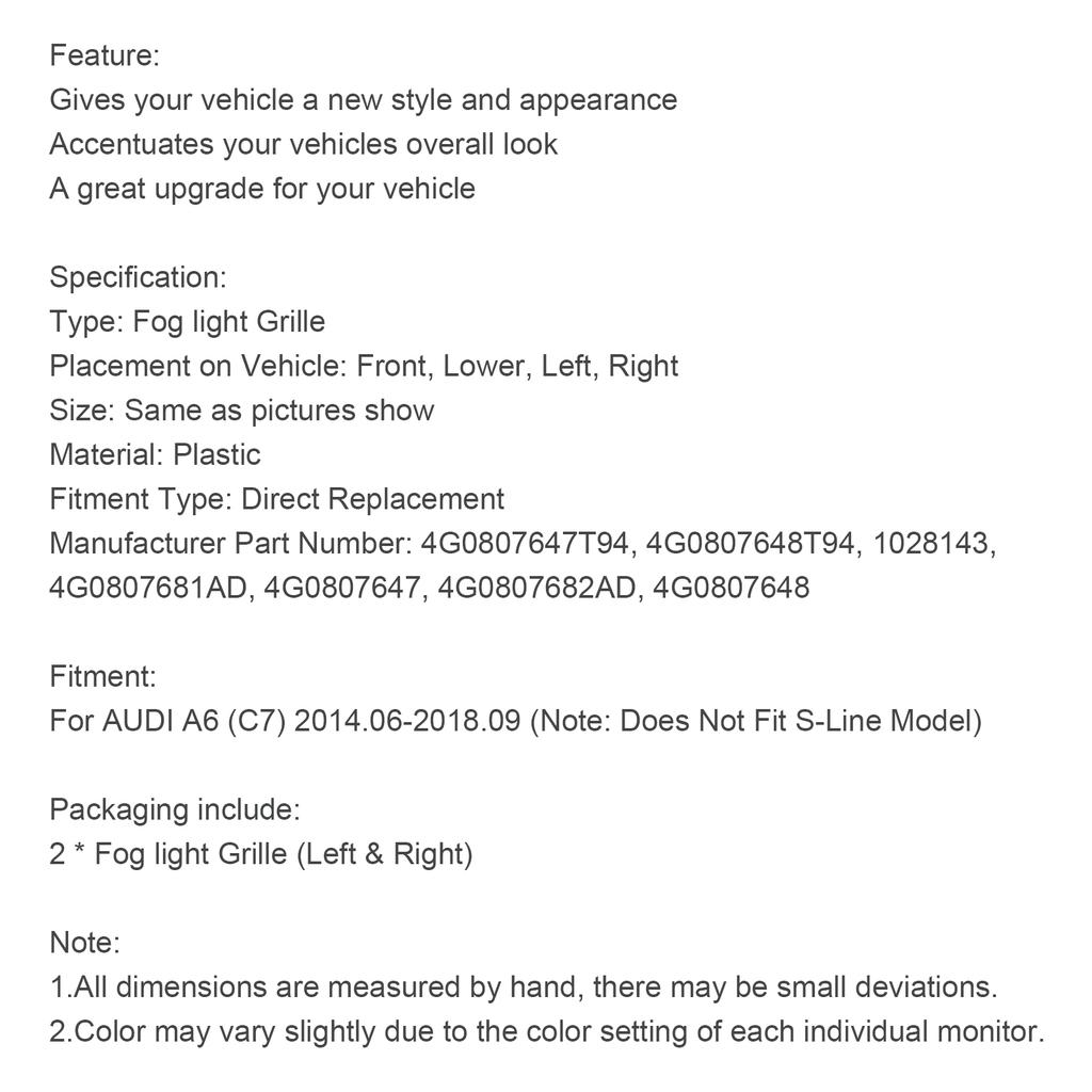 2PCS Front Bumper Foglight Cover Grill Grille Fit A6 C7 2014-2018 Black
