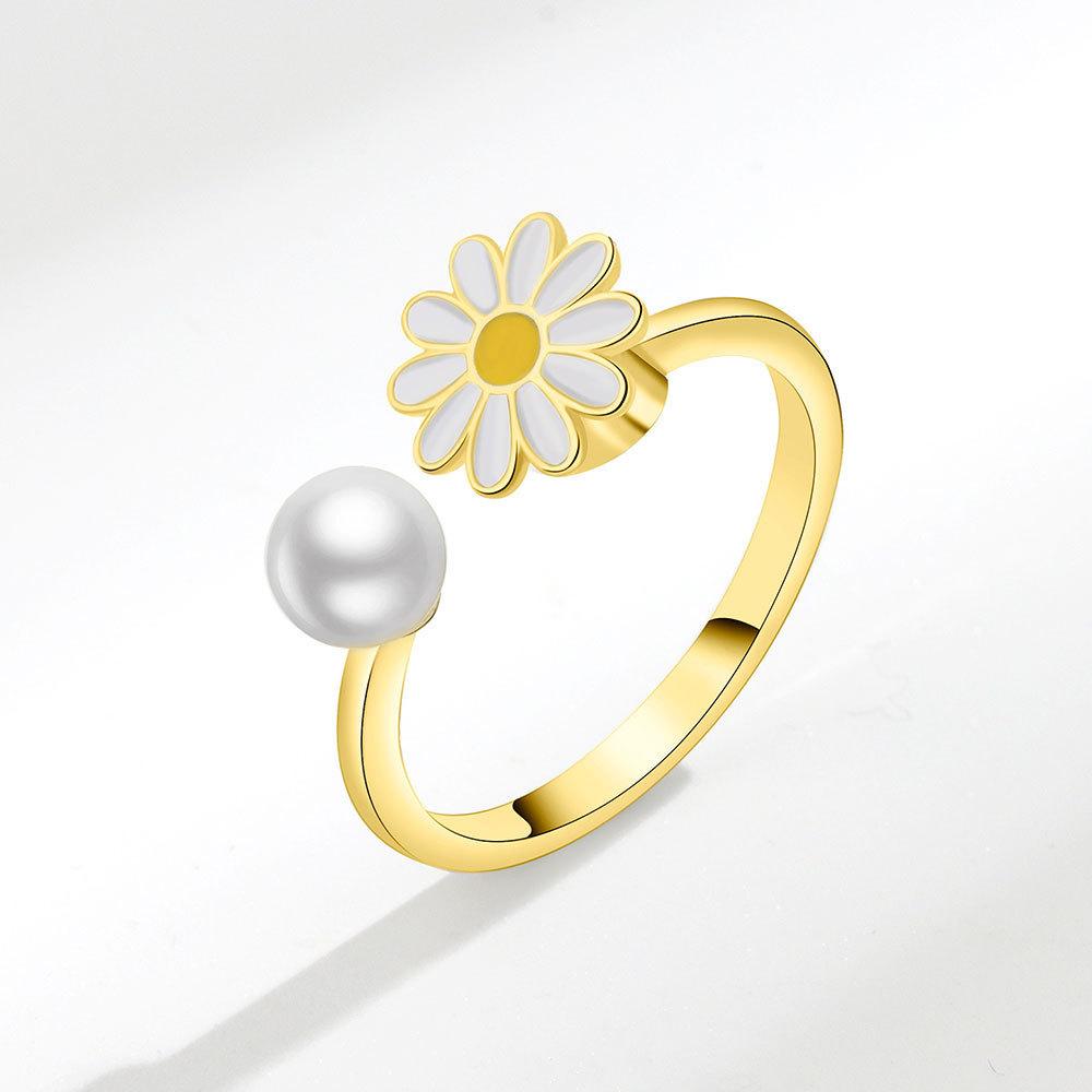 Small Daisy Adjustable Ring With Pearl Decor For Women Fashion Accessory