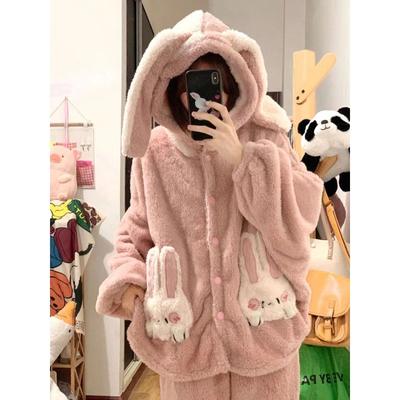 Pijama din Fleece Coral Iepure Femei Toamnă Iarnă Îmbrăcăminte de Dormit Fleece Gros Drăguț Flanel Set de Lounge cu Glugă Rotundă Îmbrăcăminte de Casă
