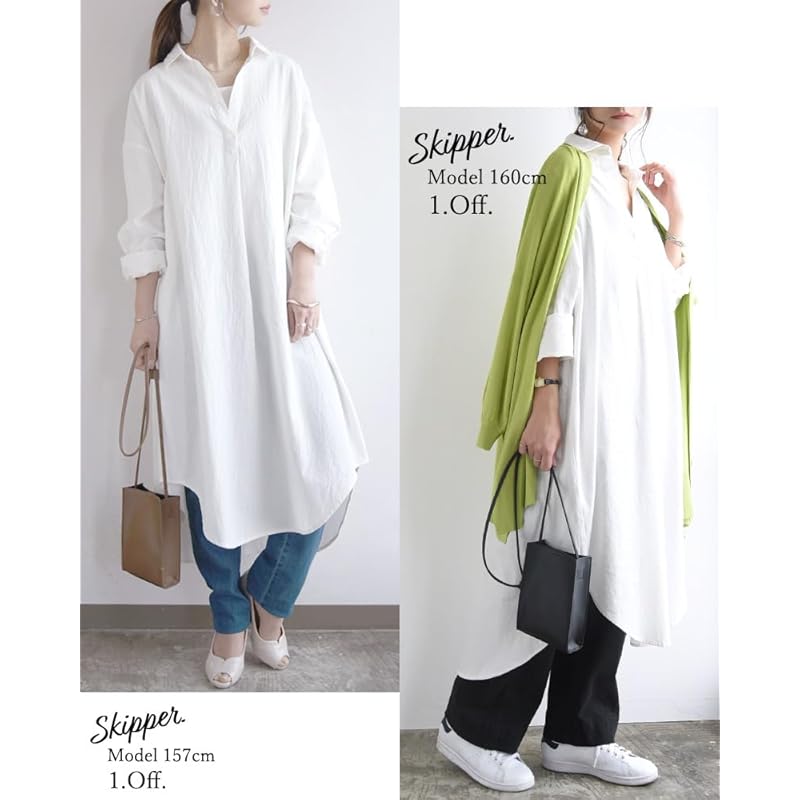 [And It] 4type long sleeve shirt dress 100% cotton ladies wide body shape cover Haori L Off/Skipper A/long