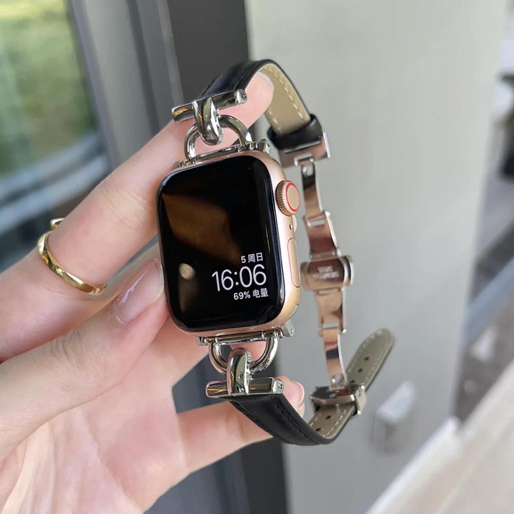 Women Leather Bracelet for Apple Watch Ultra 2 49mm 10 42mm 46 Butterfly Buckle Band for iWatch 9 8 7 6 SE 5 41mm 45mm 38 40 44