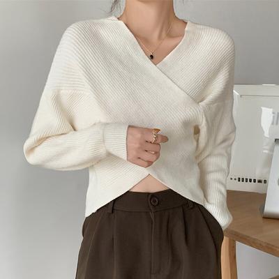 Autumn Loose V-Neck Women Knitted Sweater Vintage Office Lady Pullovers Sweaters Ladies Winter Korean Irregular Knitwears 28576