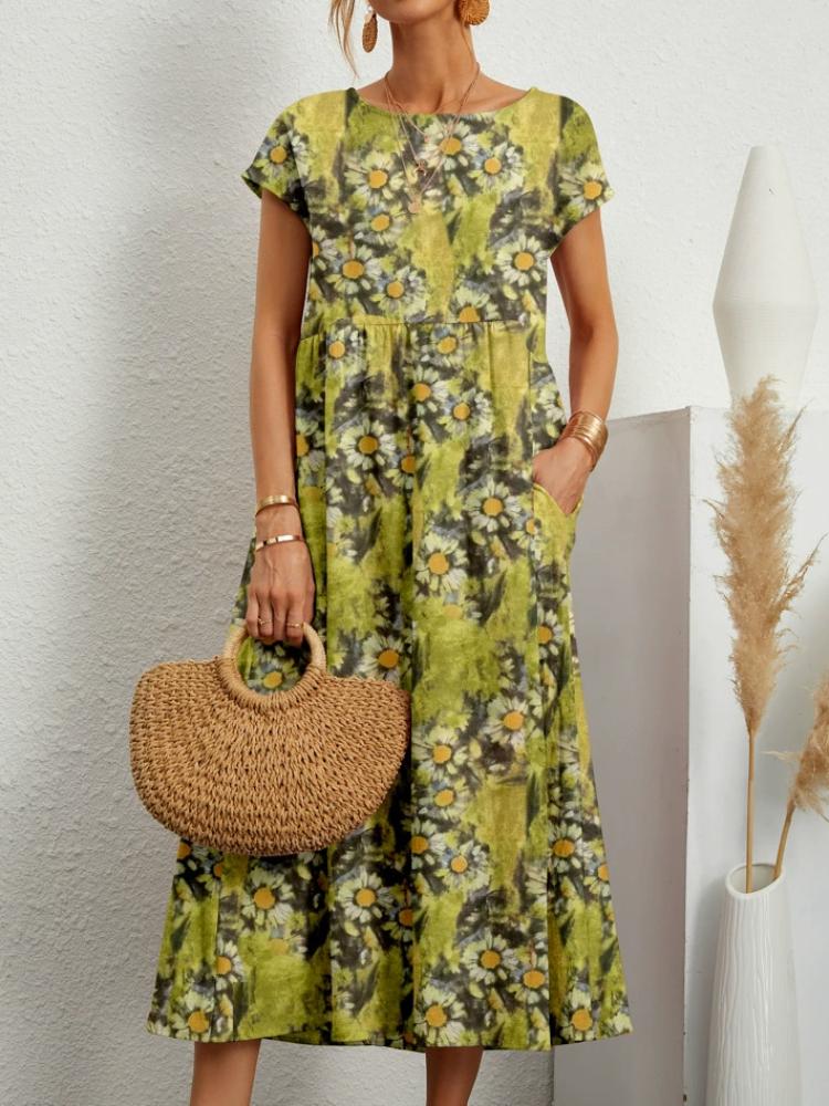 New Fashion Women's Loose Cotton and Linen Sleeveless Crew Neck Print Summer Dress