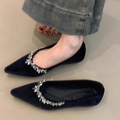 Rhinestone Comfort Temperament French Pointed Shoes Spring French Pedal Velvet Shallow Mouth Flat-soled Single Shoes