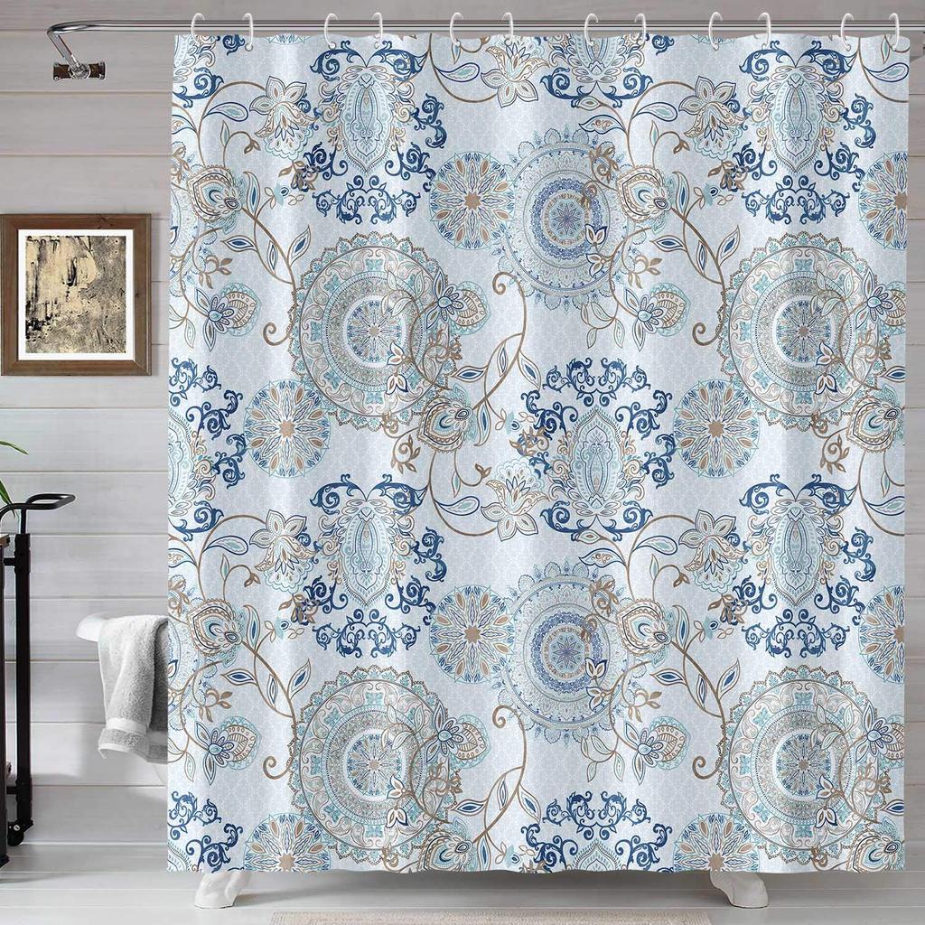 Blue Floral Shower Curtain Watercolor Flower Bath Curtain Polyester Fabric Waterproof Bathroom Curtains with Hooks Bath Screen