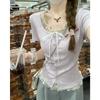 Korean Version of Pure Contrast Lace Edge Splicing Fake Two-piece Single-breasted Design Short-sleeved T-shirt Women's Summer Bottoming Top