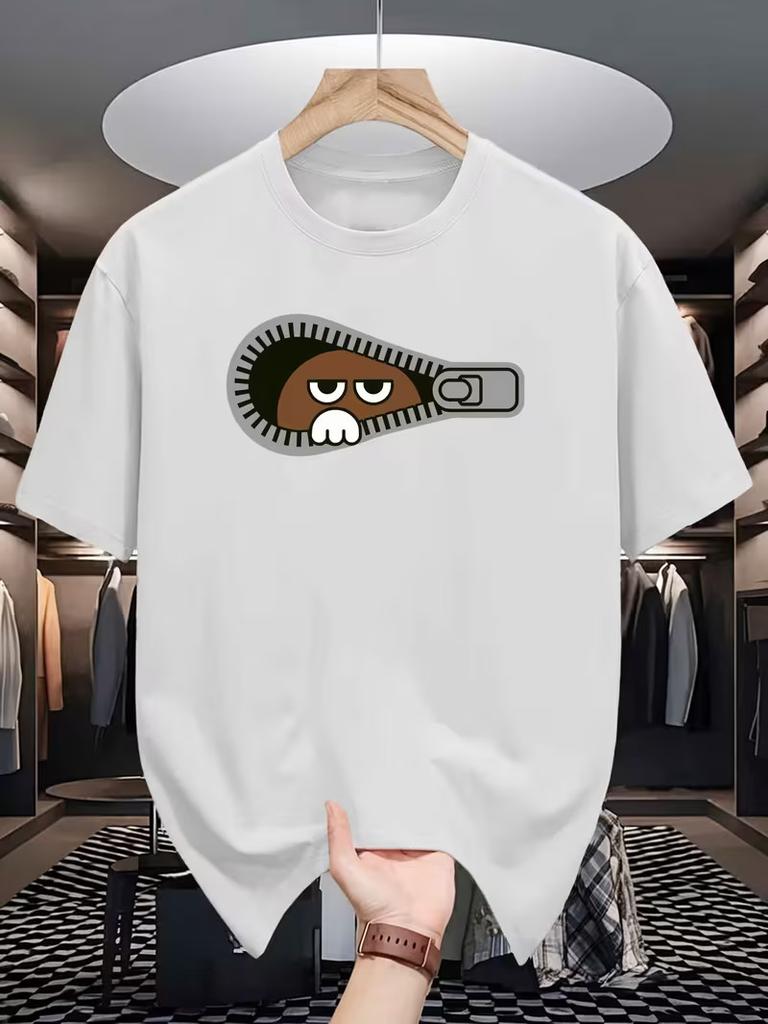 Unisexs Bear Print TShirt Zipper Summer Casual Streetwear Short Sleeve Tee Top