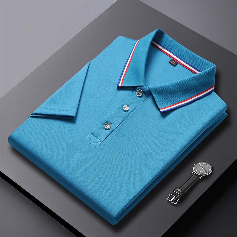 Men's Summer Black Polo Shirt Short Sleeve Collared Top with Red White Blue Striped Trim