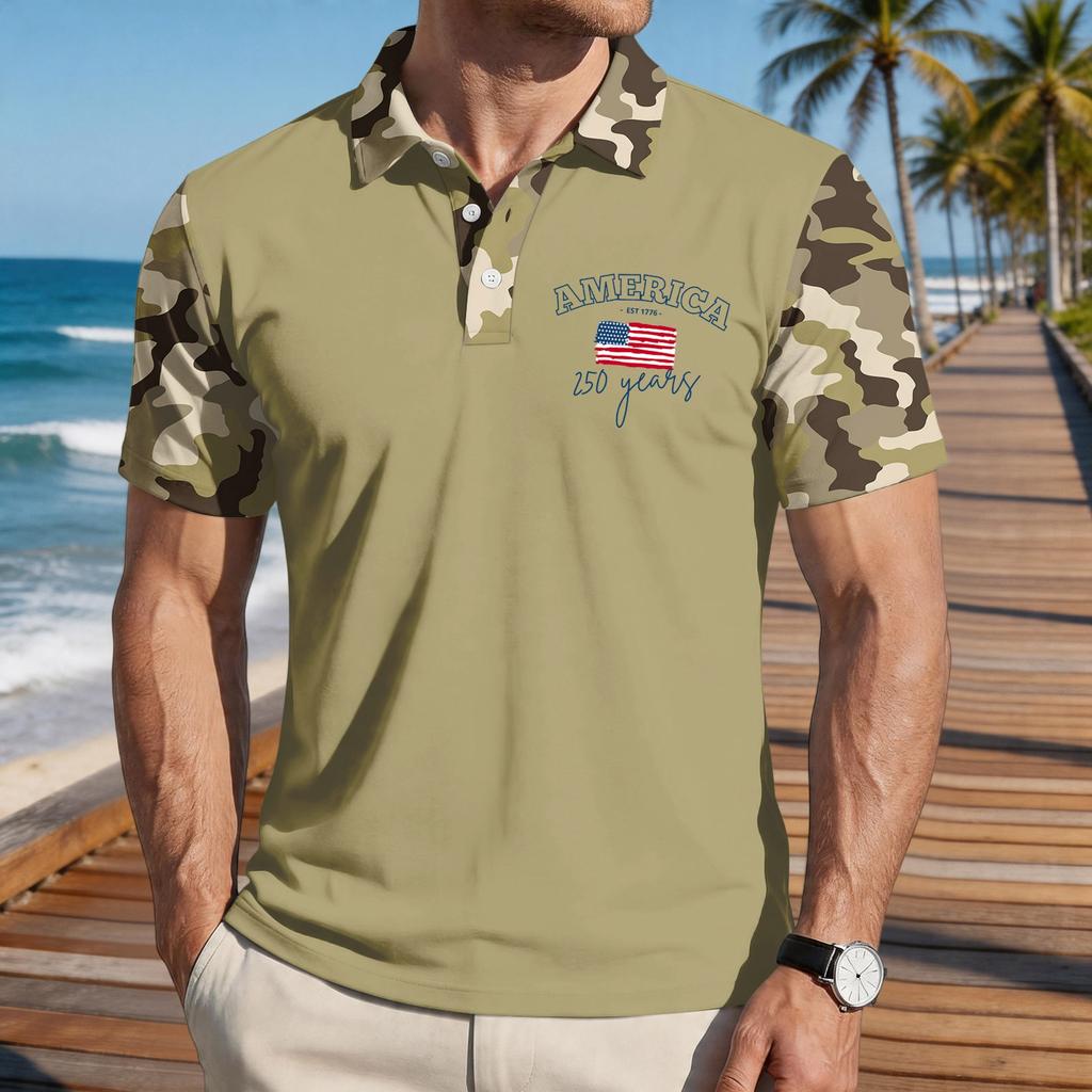 Men's Loose Fit Casual Polo Shirt Short Sleeve Flag Print Button Down Collar Lightweight Breathable Fabric Summer Top