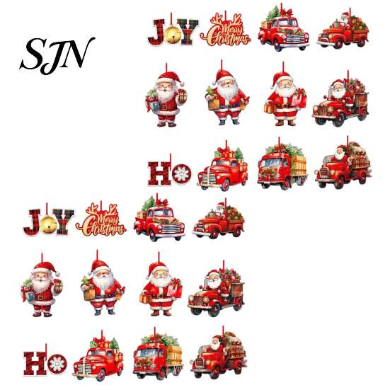 Creative Party Tree Accents 12/24/36Pcs Christmas Wooden Ornaments, Santa Claus Red Truck Hanging Decorations with Rope, Festive Home Xmas Pendant,