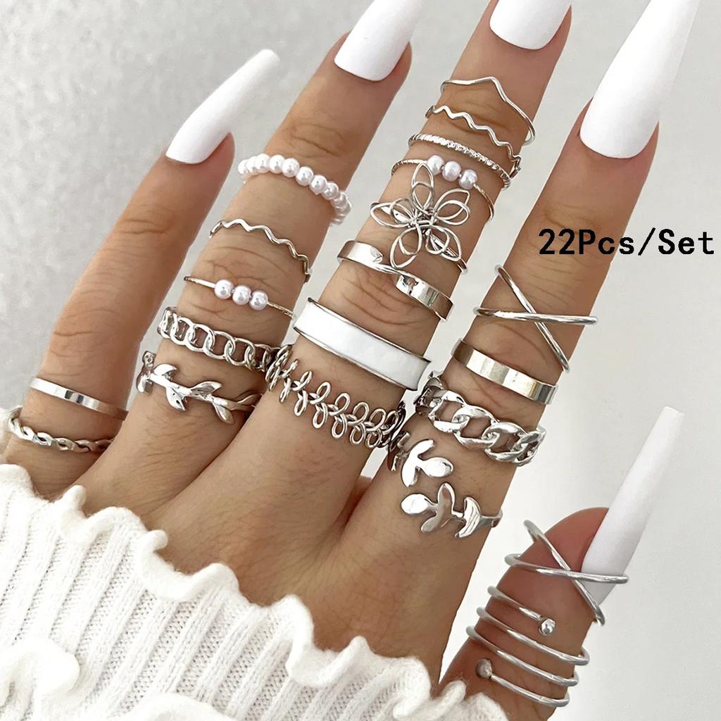 28Pcs Fashion Geometric Knuckle Rings Set For Women Crystal Heart Gold Silver Color Rings Girls  Party Jewelry Accessories