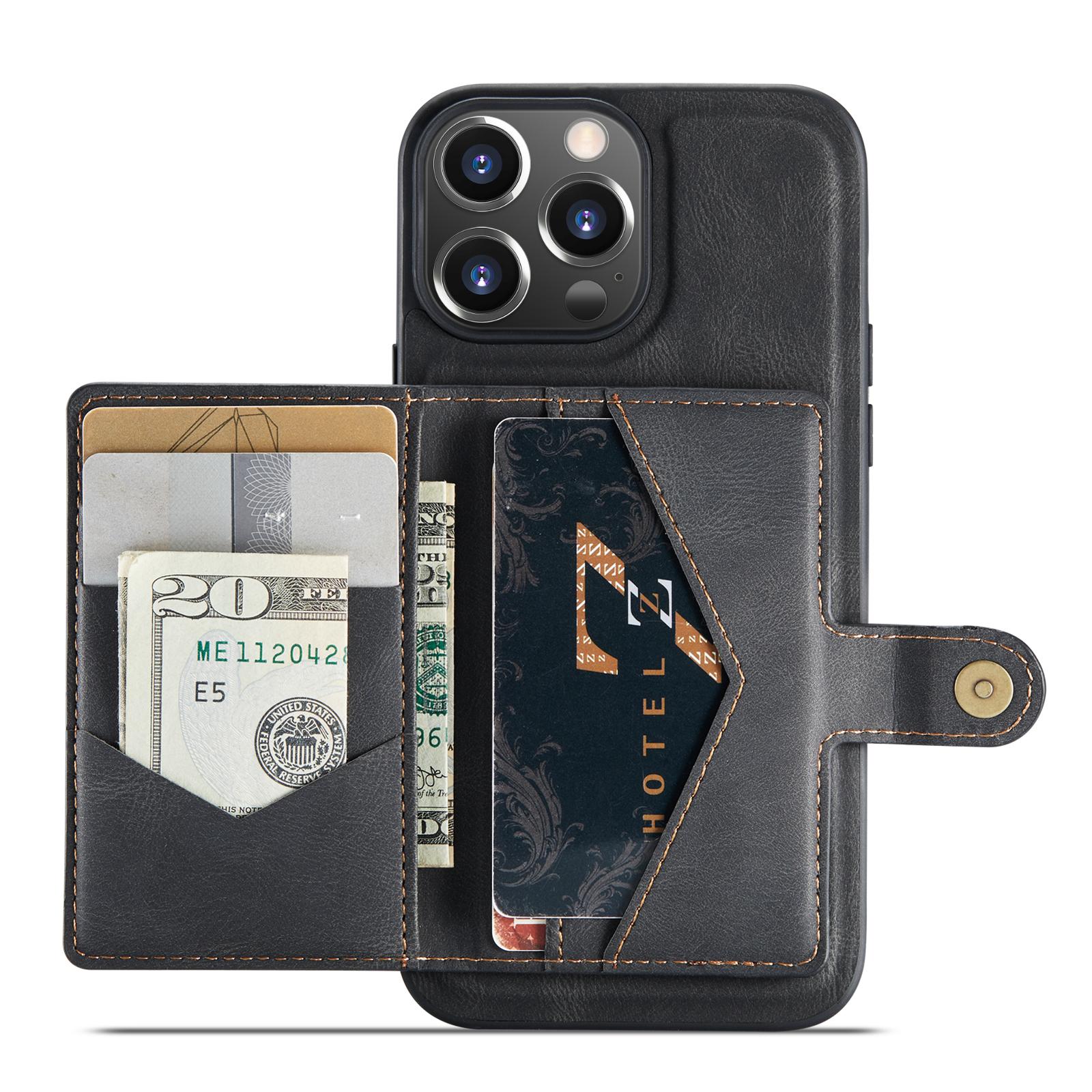 

JEEHOOD J01 For iPhone 13 Pro Case Leather+TPU Phone Cover Card Holder Detachable Magnetic Back Black