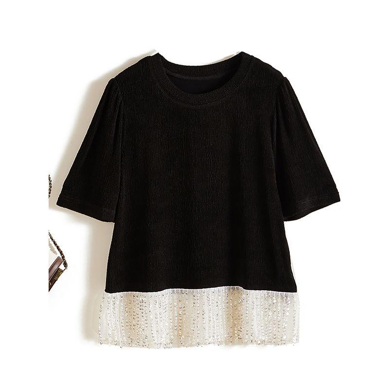 Look at the Detail Tassel Design! Western Style Girls' Summer Stretch Cotton Yarn Black and White Color Matching round Neck Pullover T-shirt 2025