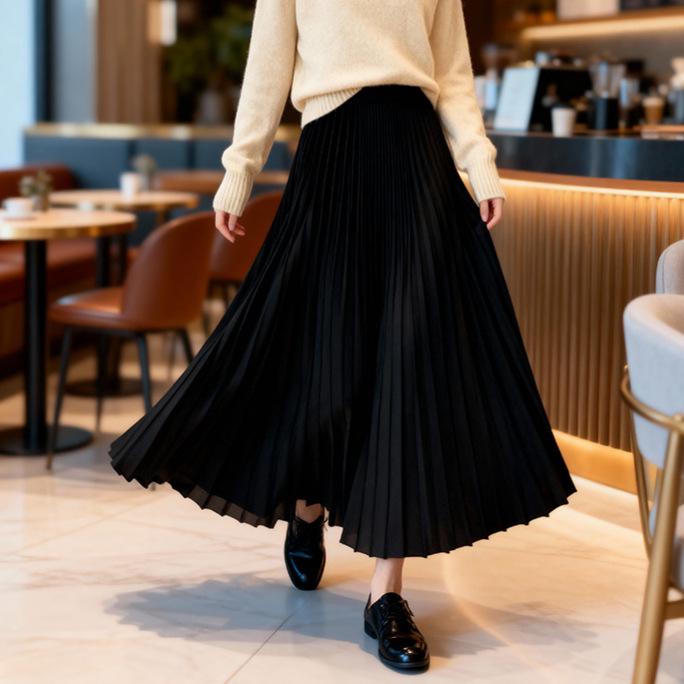 Fei Yuan Elegant Women s Pleated Skirt: Early Spring Fashion, Solid Color, Slimming Fit Medium