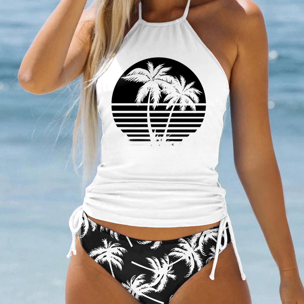 Women's Halter Blue Coconut Tree Print Bikini Tankini Swimsuit