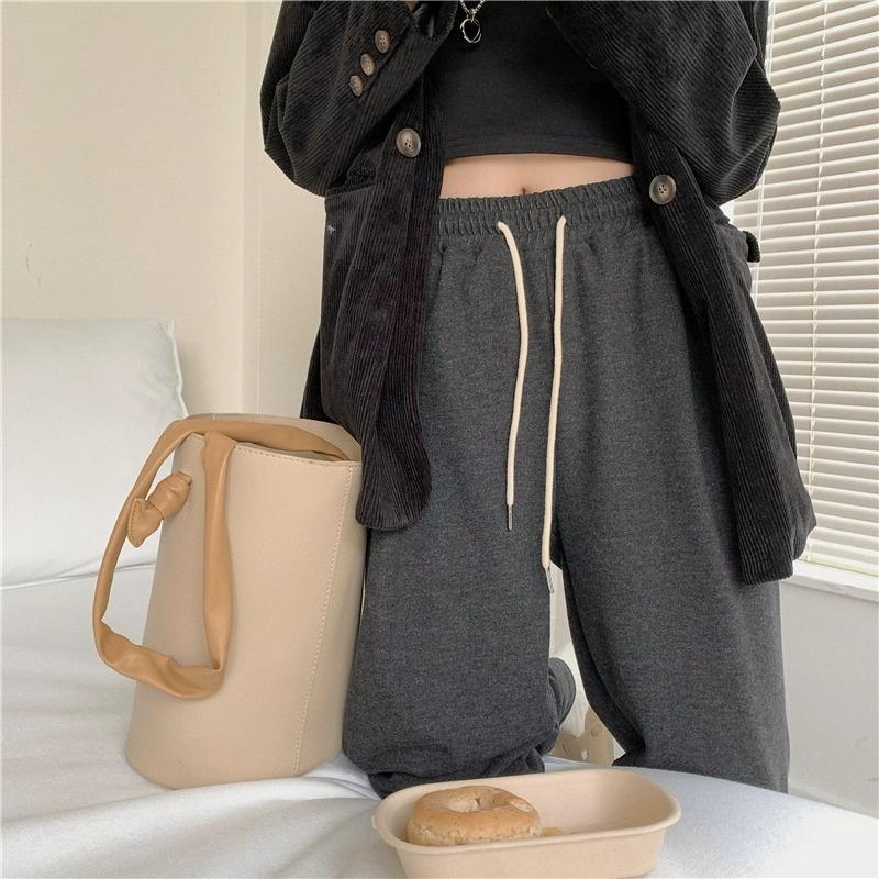 145cm Petite Women's High-Waisted Gray Wide-Leg Pants - Versatile Soft Autumn/Winter Casual Sportswear