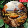 Autumn Countryside Metal Wall Art Circular Rustic Iron Plaque Vibrant Fall Hues Calm Landscape Bedroom Living Room Home Decor Halloween Gift