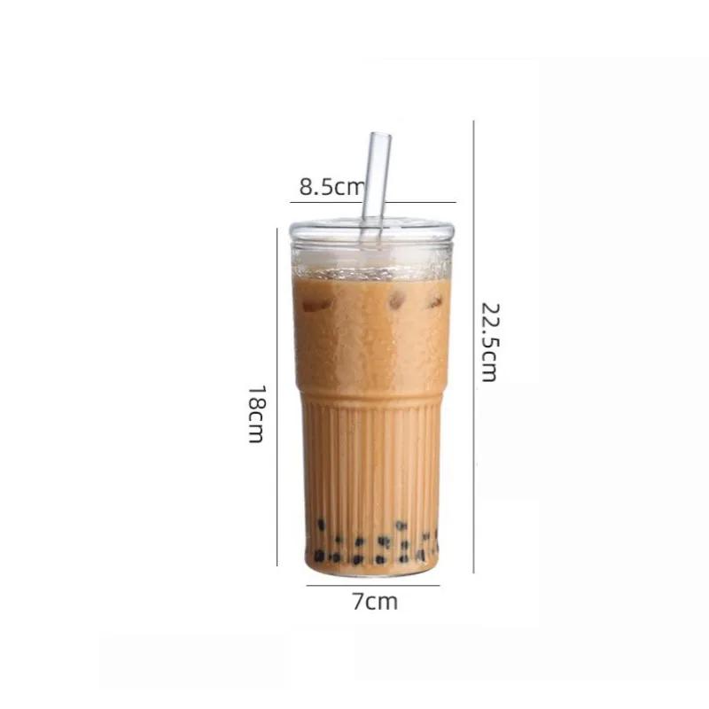 600ML Glass Cup Milk Coffee Cup with Lid And Straw Transparent Stripe Water  Mug Drinking Glasses Juice Tea Cup Drinkware