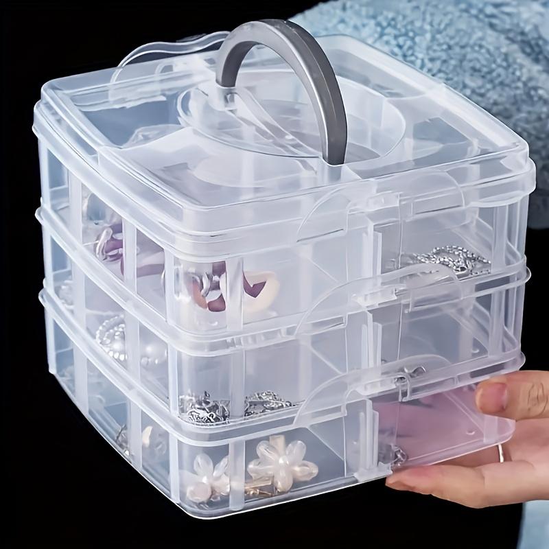 3-Tier Stackable Organizer Box with 18 Compartments - Transparent Plastic Storage for Crafts, Toys, Jewelry & Supplies - Durable, Portable with Handle