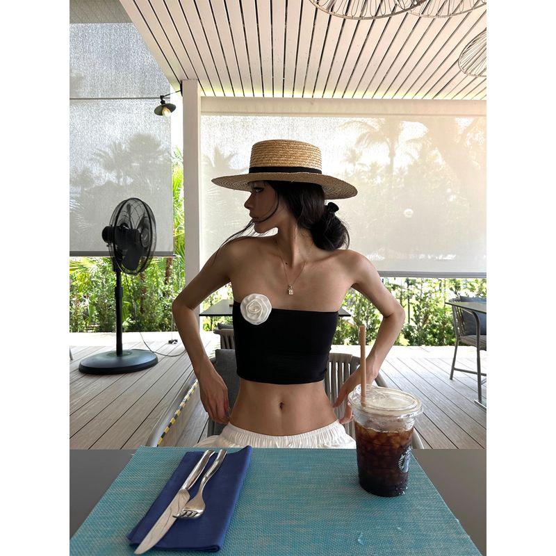 

0122stepll Camellia Blossom Black Tube Top Top Women Summer Sexy Gyaru Backless Sleeveless Outer Wear Vest Black Tube Top (with flowers) S