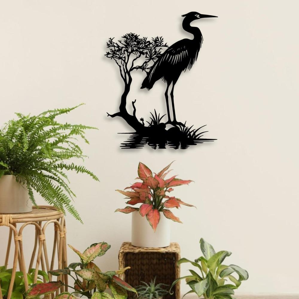 Metal Crane Wall Art, Japanese Style Black Decor for Living Room Bedroom Office