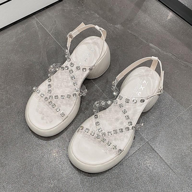 Fashion Transparent Diamond Sandals Women's New Summer Round Head Thick Sole Line with Roman High Heels