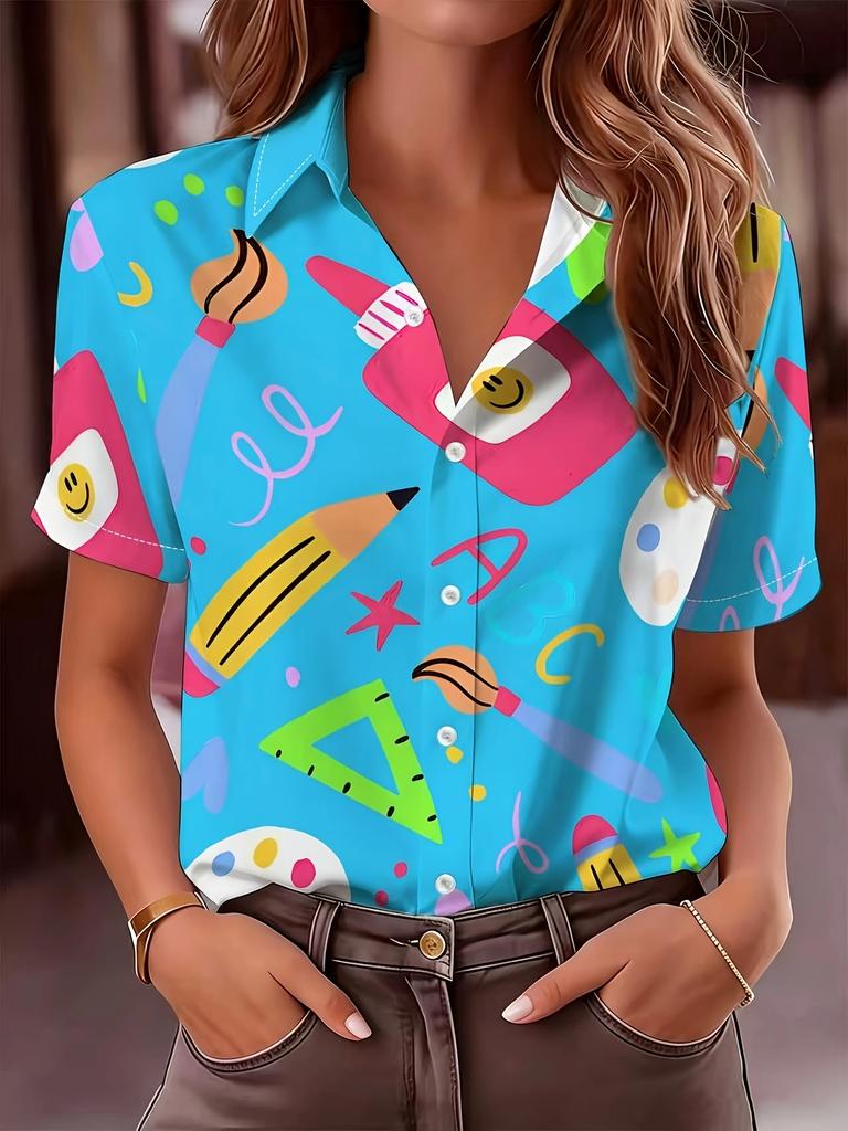 Women's Macaron Short Sleeve Blouse Lapel Collar Lightweight Breathable Shirt Preschool Teacher Casual Beach Top Spring Summer F