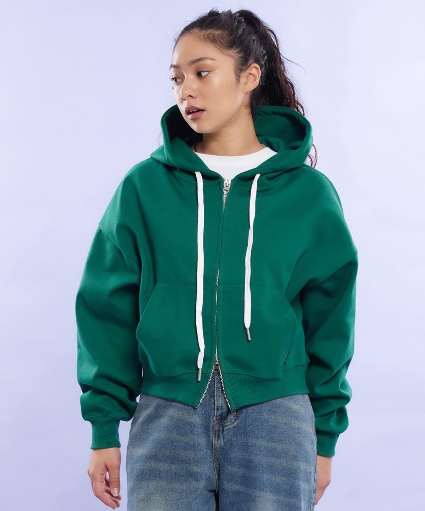 Cream Soda Lab Plain All Season Two-Way Crop Zip-Up Hoodie Green