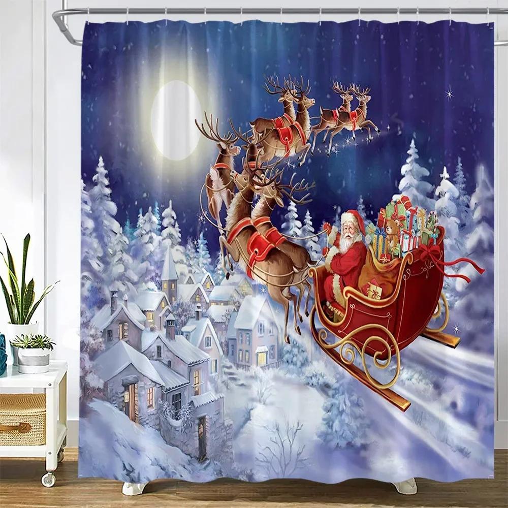 Cute Christmas Snowman Shower Curtains Xmas Tree Balls Green Pine Branches Winter Snow New Year Home Bathroom Decor Set Fabric