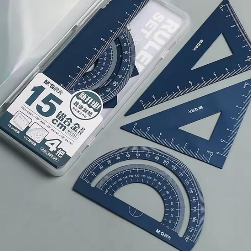 4 szt./zestaw Aluminiowy zestaw linijek Metalowy/Plastikowy/Miękki Geometria Matematyka Cyrkiel do rysowania Artykuły papiernicze Linijki Matematyczne Do szkoły